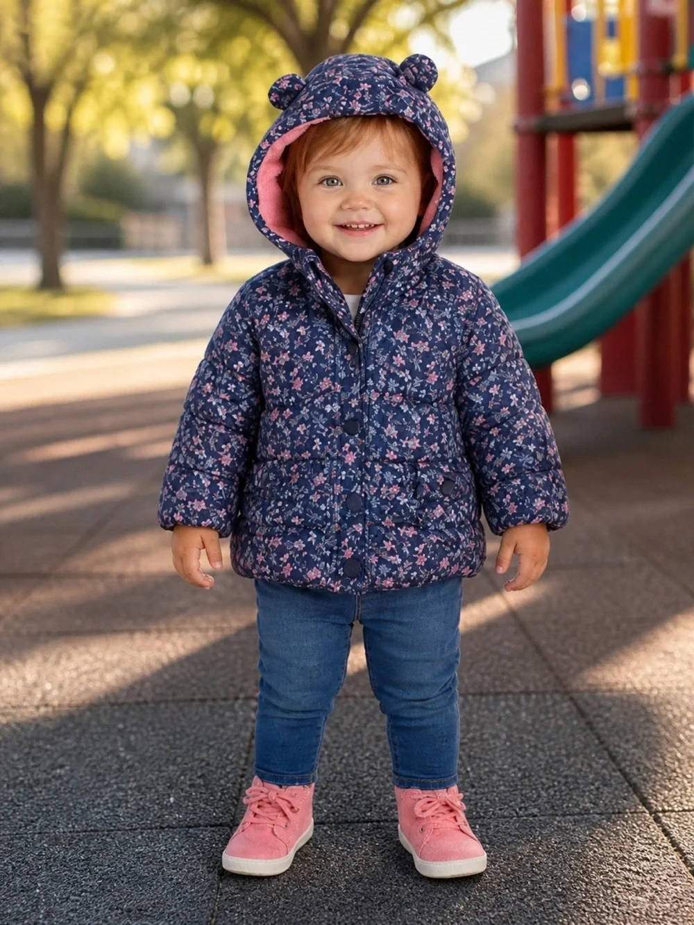 Carters Child’s Puffer Coat with Blue Floral Print. Size 18 months.